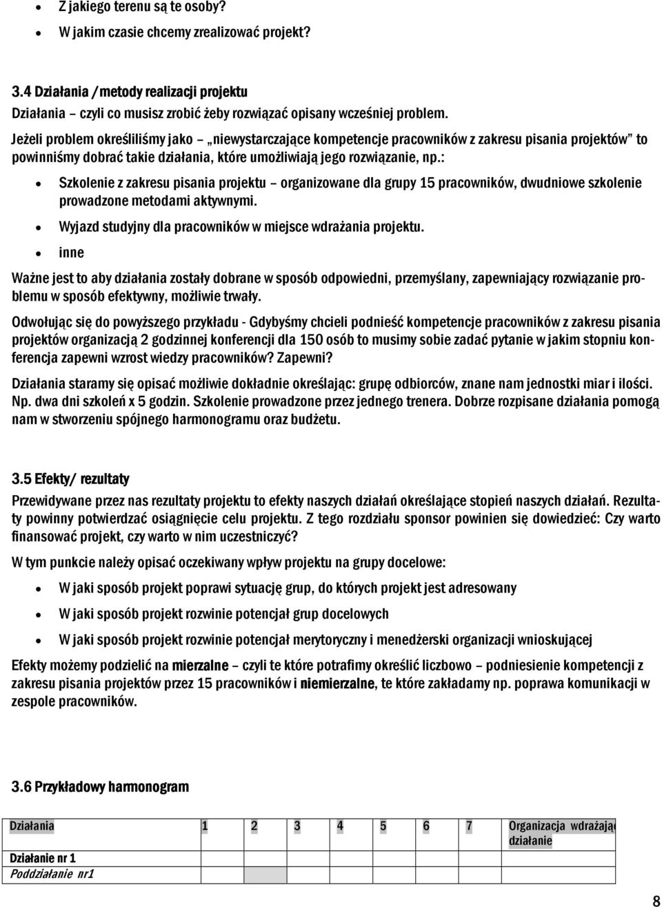 : Szkolenie z zakresu pisania projektu organizowane dla grupy 15 pracowników, dwudniowe szkolenie prowadzone metodami aktywnymi. Wyjazd studyjny dla pracowników w miejsce wdraŝania projektu.