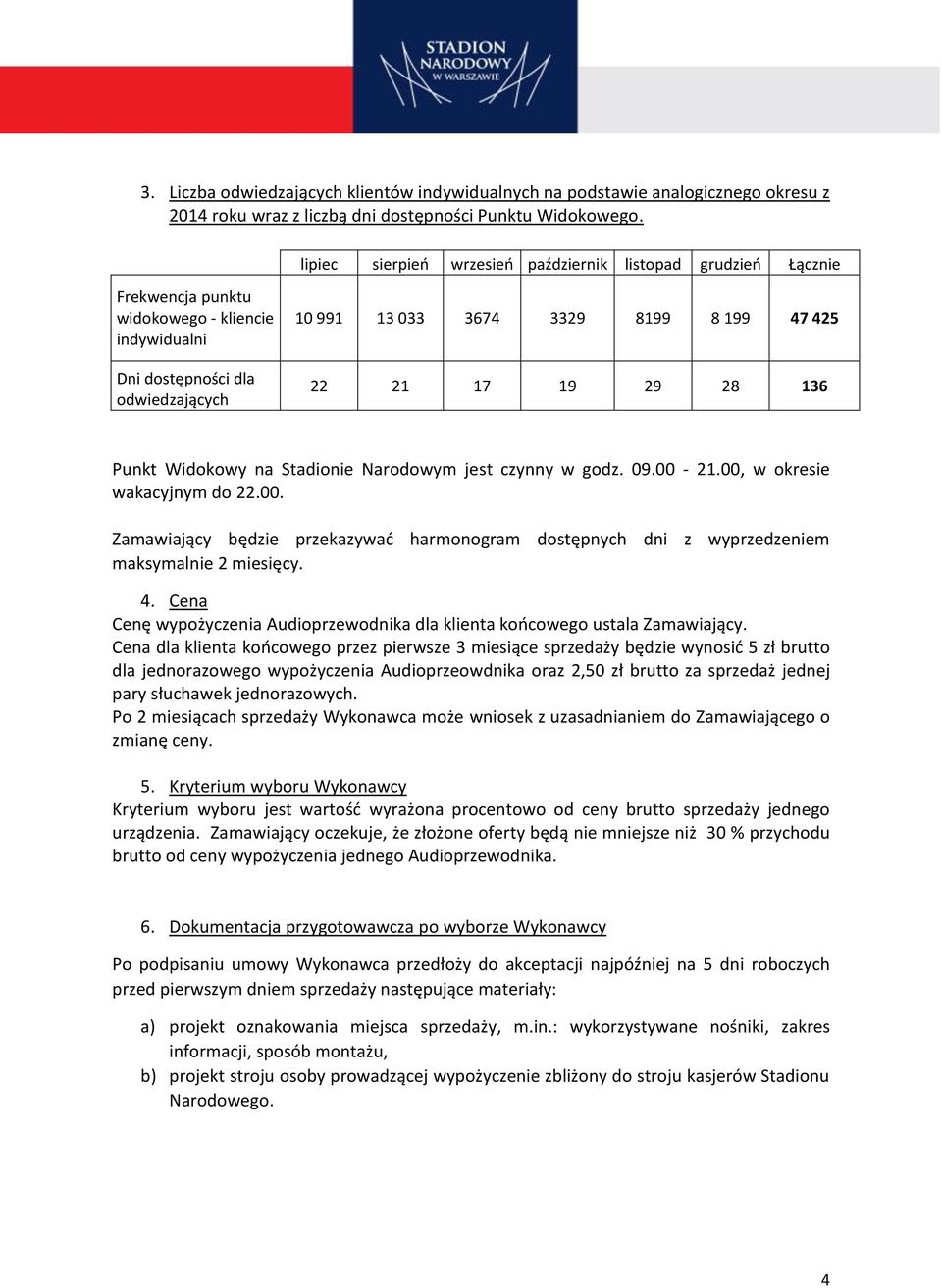 17 19 29 28 136 Punkt Widokowy na Stadionie Narodowym jest czynny w godz. 09.00-21.00, w okresie wakacyjnym do 22.00. Zamawiający będzie przekazywać harmonogram dostępnych dni z wyprzedzeniem maksymalnie 2 miesięcy.