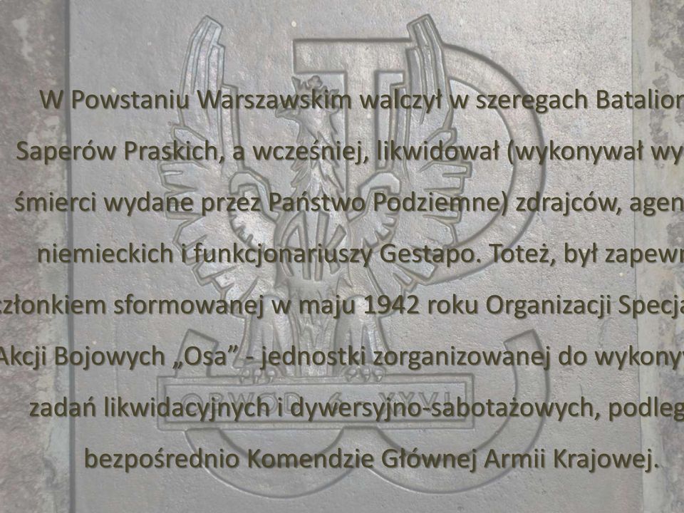 Toteż, był zapewn złonkiem sformowanej w maju 1942 roku Organizacji Specja kcji Bojowych Osa - jednostki