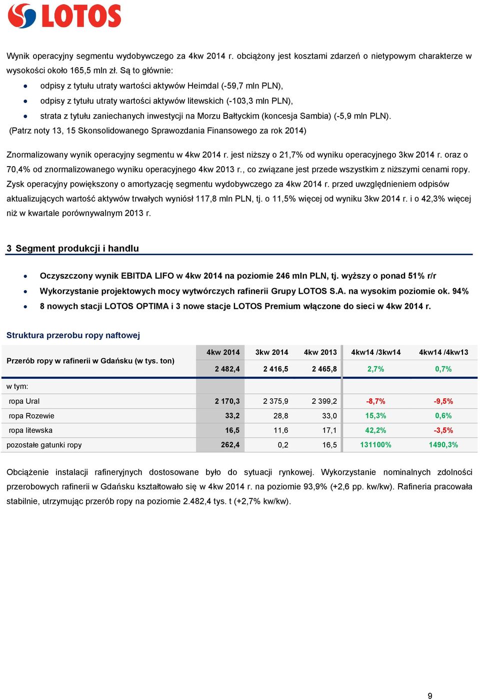 Bałtyckim (koncesja Sambia) (-5,9 mln PLN). (Patrz noty 13, 15 Skonsolidowanego Sprawozdania Finansowego za rok 2014) Znormalizowany wynik operacyjny segmentu w 4kw 2014 r.