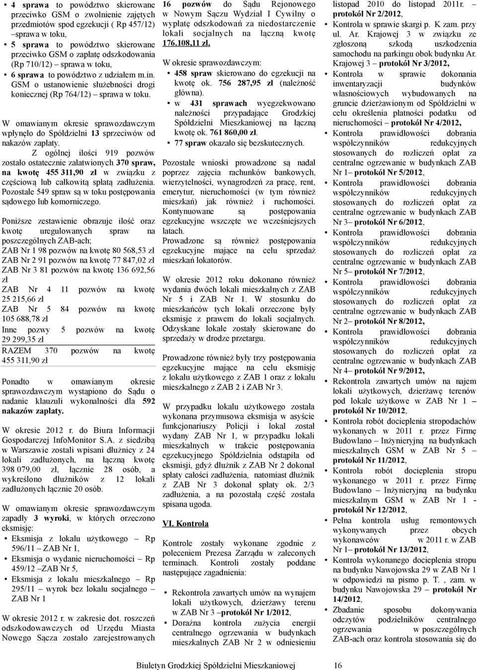 16 pozó do Sądu Rejonoego Noym Sączu Wydzał I Cylny o ypłatę odszkodoań za nedostarczene lokal socjalnych łączną kotę 176.108,11 zł. W okrese spraozdaczym: 458 spra skeroano do egzekucj kotę ok.