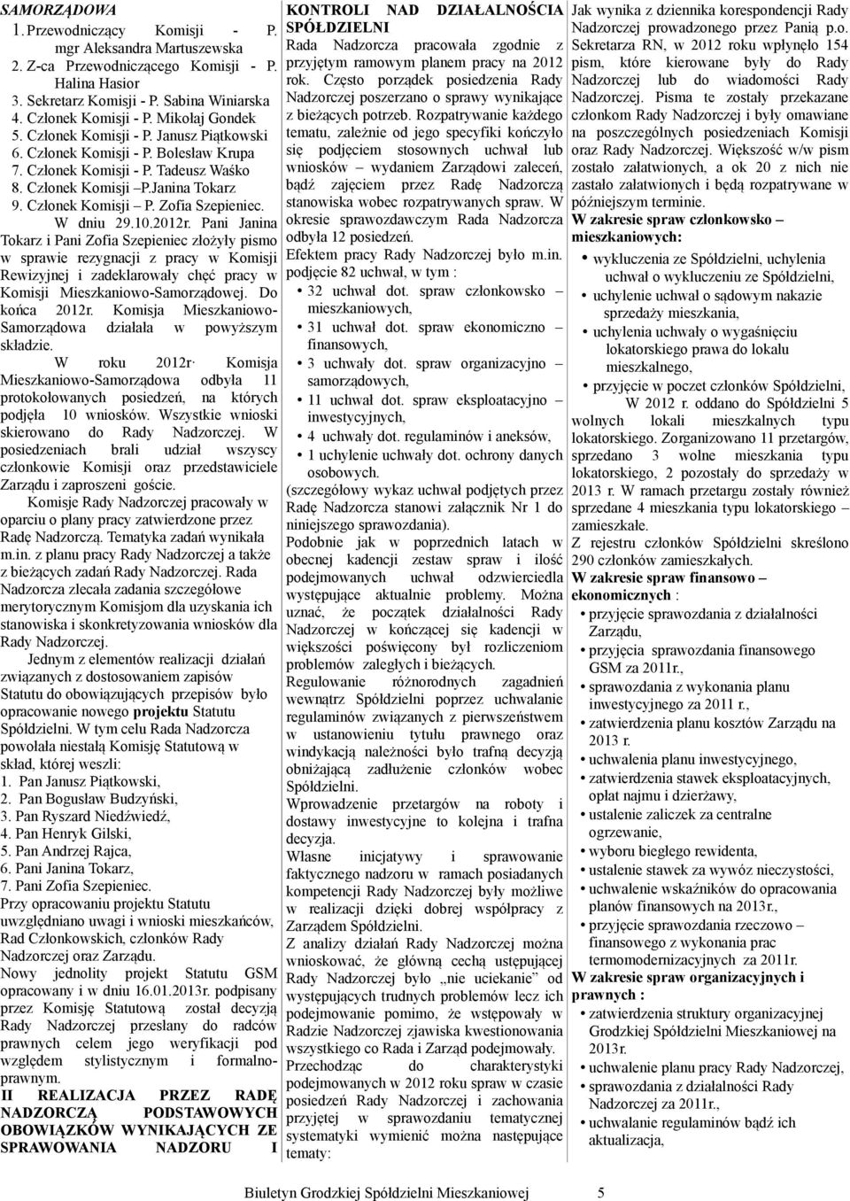 Pan Jan Tokarz Pan Zofa Szepenec złożyły psmo sprae rezygcj z pracy Komsj Rezyjnej zadeklaroały chęć pracy Komsj Meszkanoo-Samorządoej. Do końca 2012r.