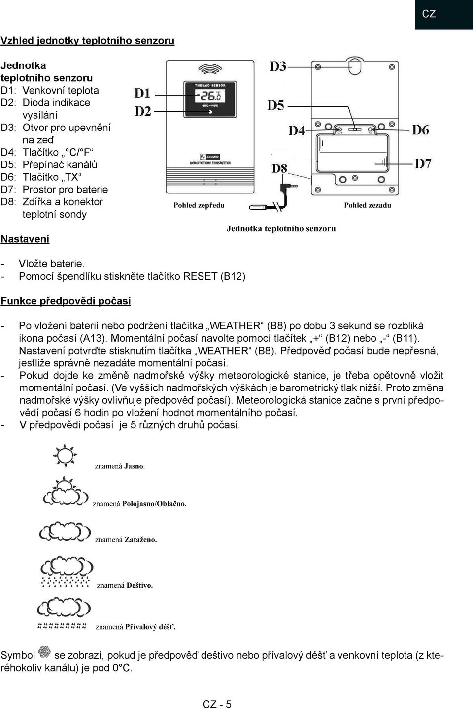 Pomocí špendlíku stiskněte tlačítko RESET (B12) Funkce předpovědi počasí Po vložení baterií nebo podržení tlačítka WEATHER (B8) po dobu 3 sekund se rozbliká ikona počasí (A13).