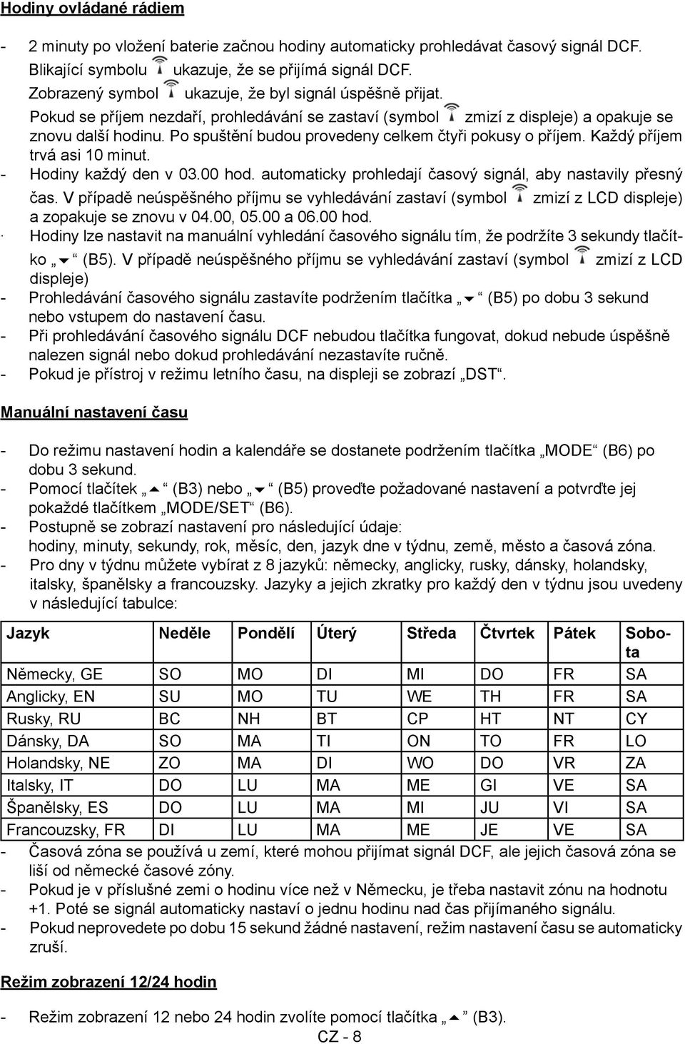 Po spuštění budou provedeny celkem čtyři pokusy o příjem. Každý příjem trvá asi 10 minut. Hodiny každý den v 03.00 hod. automaticky prohledají časový signál, aby nastavily přesný čas.