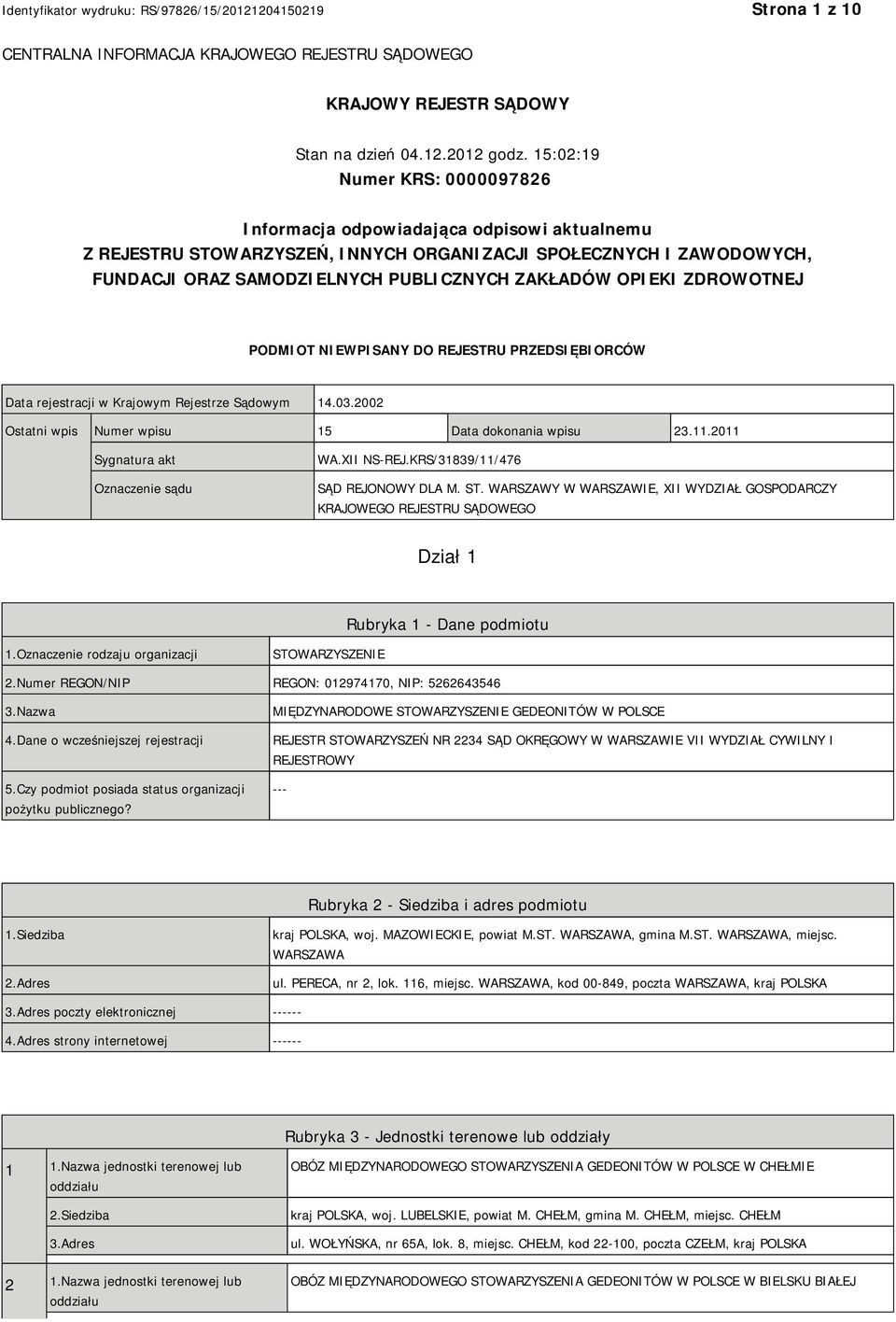 OPIEKI ZDROWOTNEJ PODMIOT NIEWPISANY DO REJESTRU PRZEDSIĘBIORCÓW Data rejestracji w Krajowym Rejestrze Sądowym 14.03.2002 Ostatni wpis Numer wpisu 15 Data dokonania wpisu 23.11.