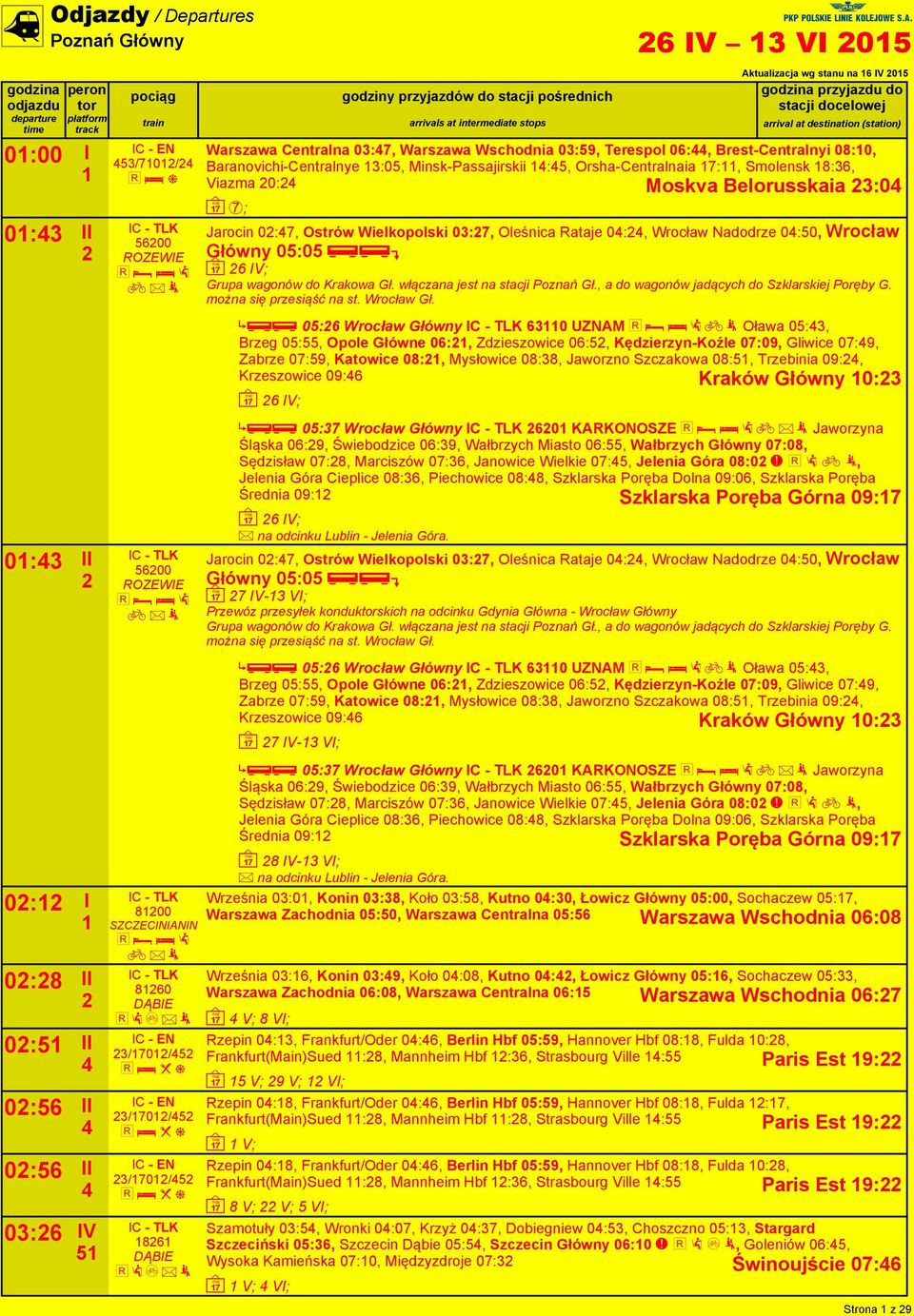 Baranovichi-Centralnye 3:05, Minsk-Passajirskii :5, Orsha-Centralnaia 7:, Smolensk :3, Viazma 0: Moskva Belorusskaia 3:0 ~ 7; Jarocin 0:7, Ostrów Wielkopolski 03:7, Oleśnica Rataje 0:, Wrocław