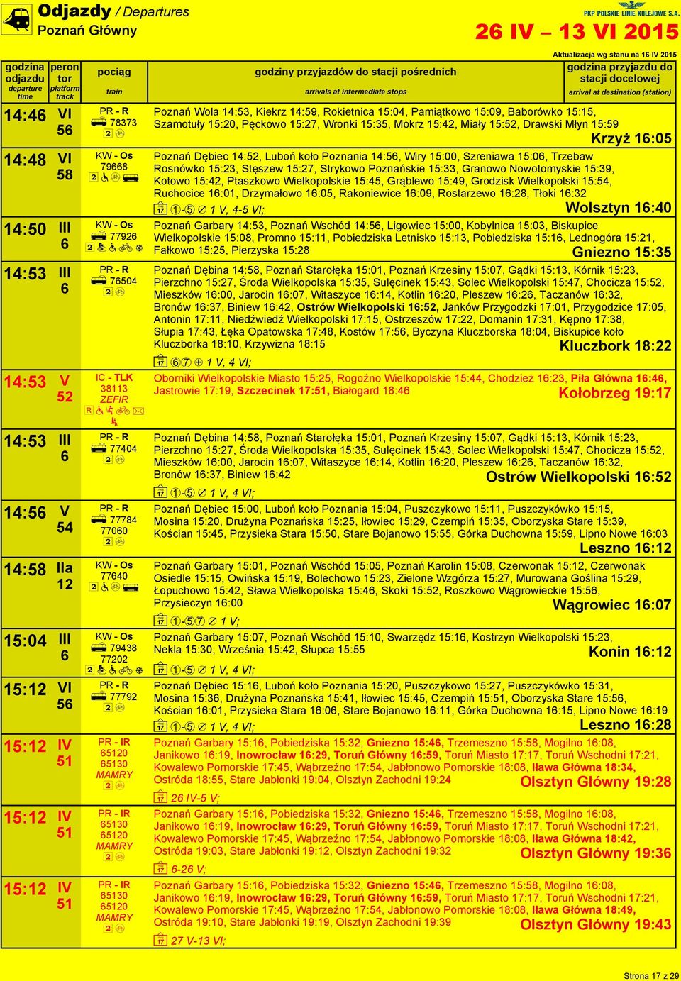 Miały 5:5, Drawski Młyn 5:59 Poznań Dębiec :5, Luboń koło Poznania :5, Wiry 5:00, Szreniawa 5:0, Trzebaw Rosnówko 5:3, Stęszew 5:7, Strykowo Poznańskie 5:33, Granowo Nowotomyskie 5:39, Kotowo 5:,