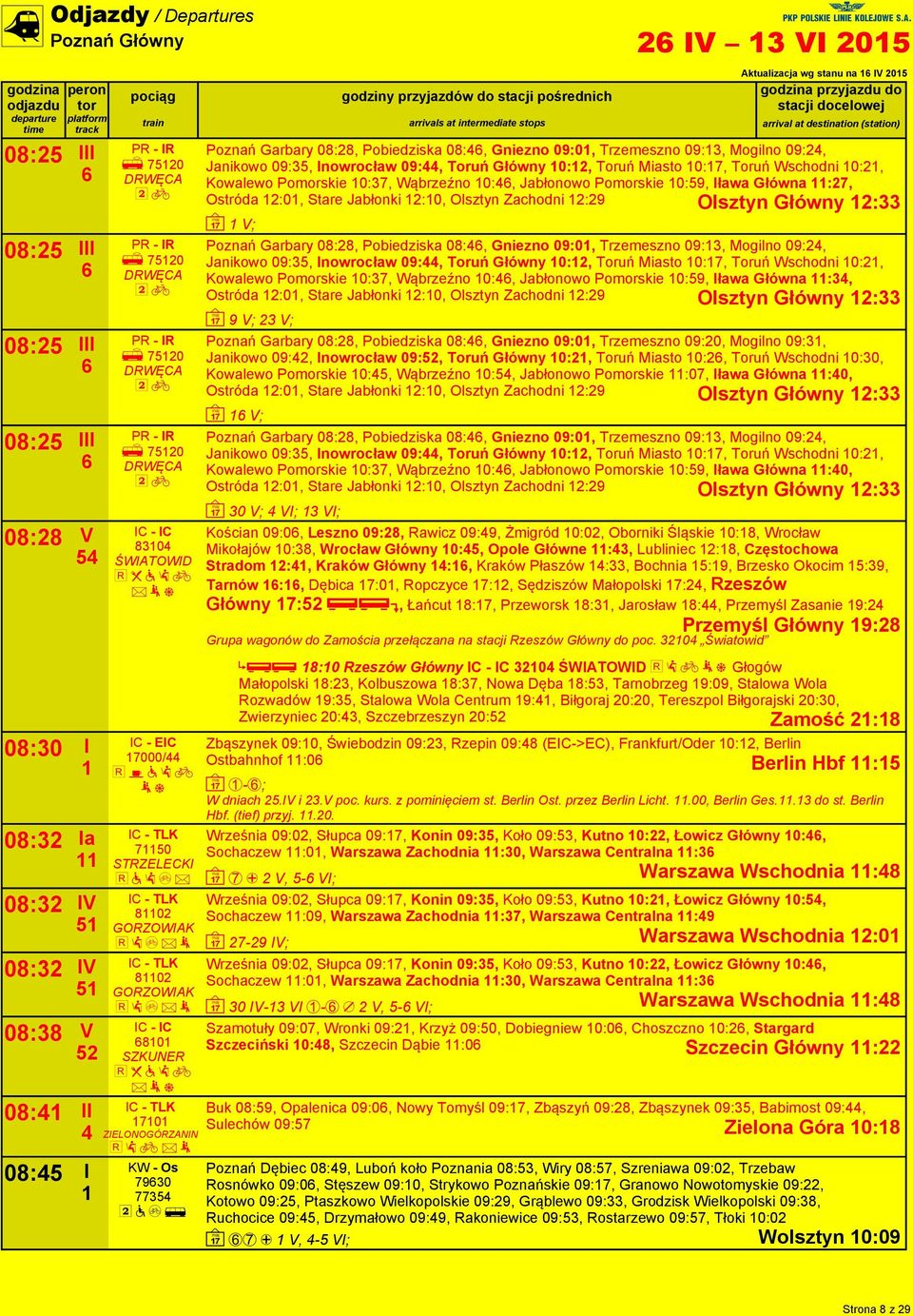 Trzemeszno 09:3, Mogilno 09:, Janikowo 09:35, Inowrocław 09:, Toruń Główny 0:, Toruń Miasto 0:7, Toruń Wschodni 0:, Kowalewo Pomorskie 0:37, Wąbrzeźno 0:, Jabłonowo Pomorskie 0:59, Iława Główna :7,