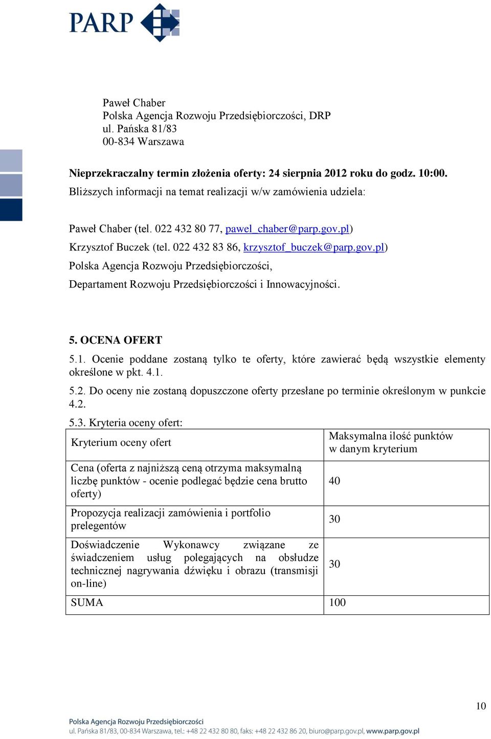 pl) Krzysztof Buczek (tel. 022 432 83 86, krzysztof_buczek@parp.gov.pl) Polska Agencja Rozwoju Przedsiębiorczości, Departament Rozwoju Przedsiębiorczości i Innowacyjności. 5. OCENA OFERT 5.1.