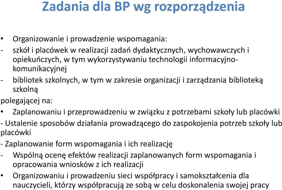 placówki - Ustalenie sposobów działania prowadzącego do zaspokojenia potrzeb szkoły lub placówki - Zaplanowanie form wspomagania i ich realizację - Wspólną ocenę efektów realizacji