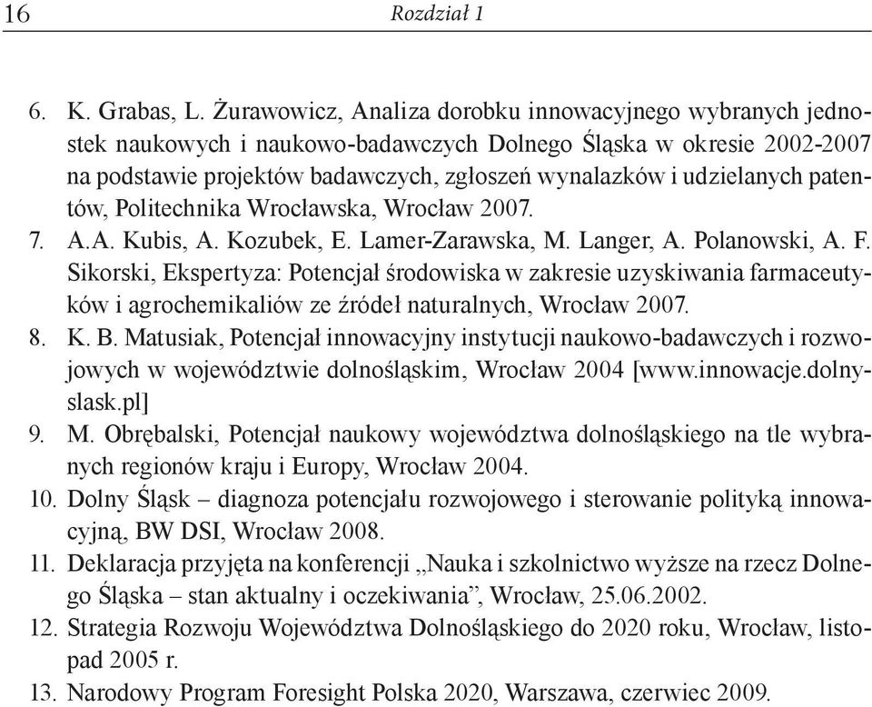 patentów, Politechnika Wrocławska, Wrocław 2007. 7. A.A. Kubis, A. Kozubek, E. Lamer-Zarawska, M. Langer, A. Polanowski, A. F.