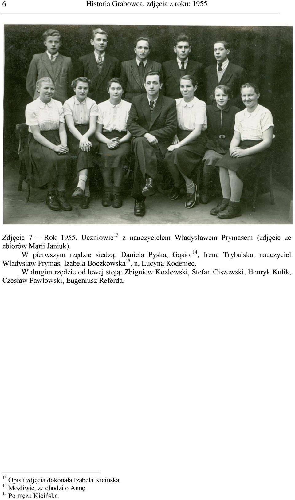 W pierwszym rzędzie siedzą: Daniela Pyska, Gąsior 14, Irena Trybalska, nauczyciel Władysław Prymas, Izabela Boczkowska 15, n,