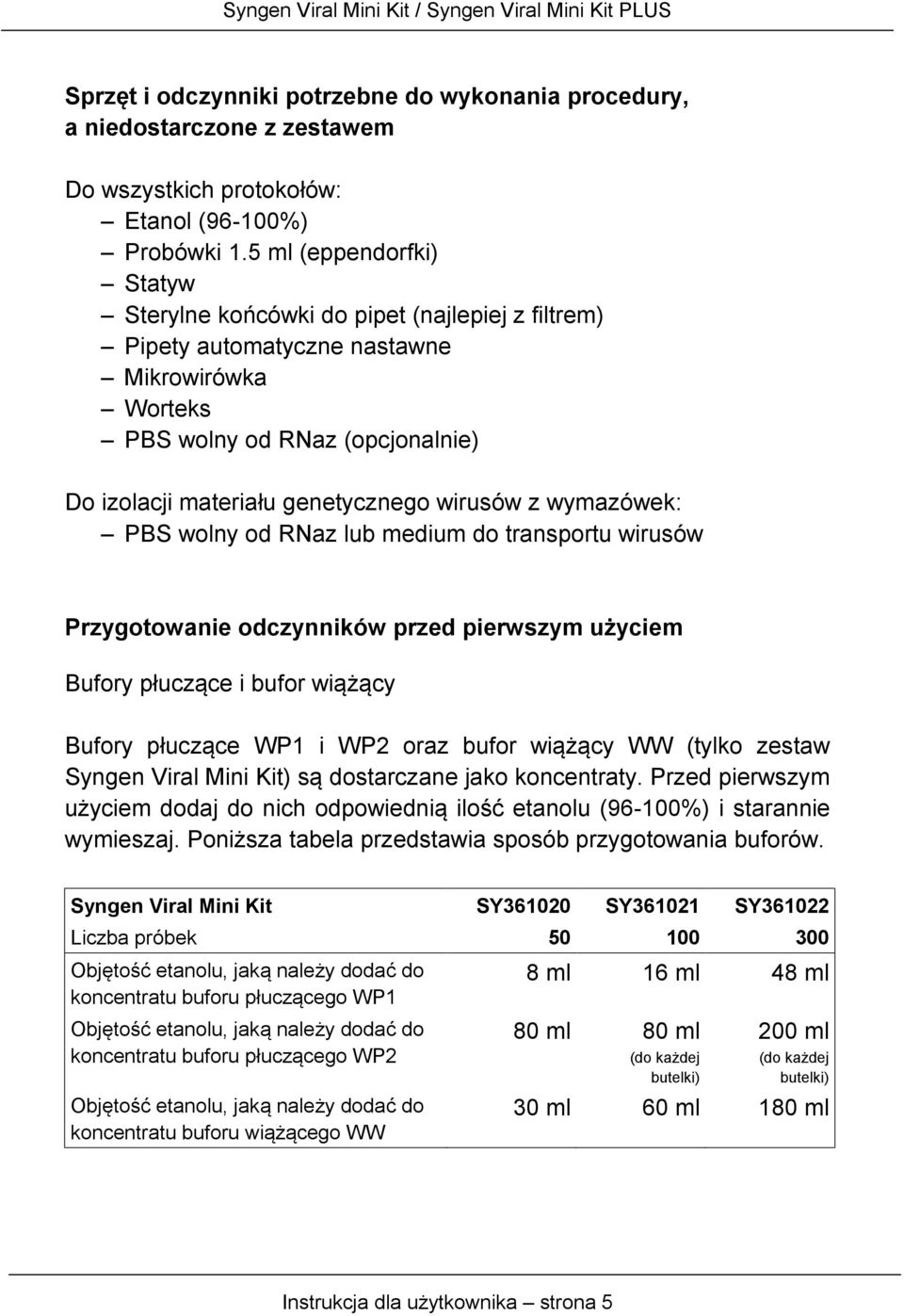 z wymazówek: PBS wolny od RNaz lub medium do transportu wirusów Przygotowanie odczynników przed pierwszym użyciem Bufory płuczące i bufor wiążący Bufory płuczące WP1 i WP2 oraz bufor wiążący WW