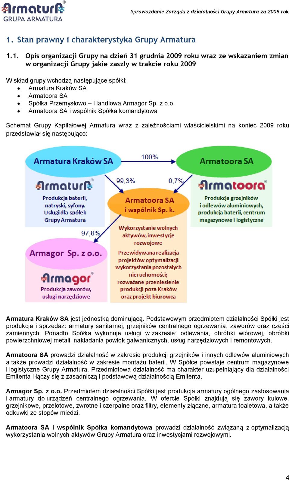 zależnościami właścicielskimi na koniec 2009 roku przedstawiał się następująco: Armatura Kraków SA jest jednostką dominującą.