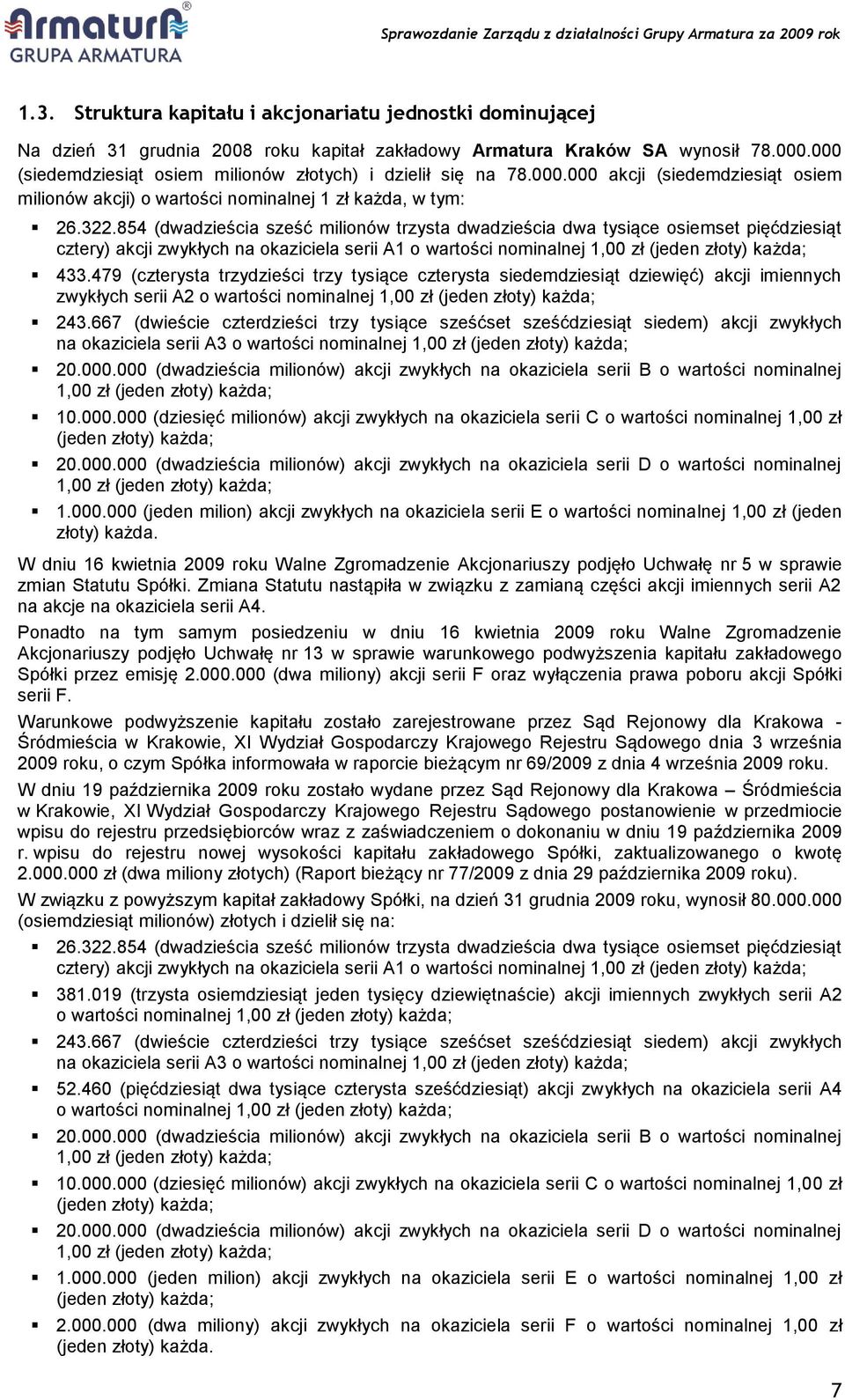 854 (dwadzieścia sześć milionów trzysta dwadzieścia dwa tysiące osiemset pięćdziesiąt cztery) akcji zwykłych na okaziciela serii A1 o wartości nominalnej 1,00 zł (jeden złoty) każda; 433.