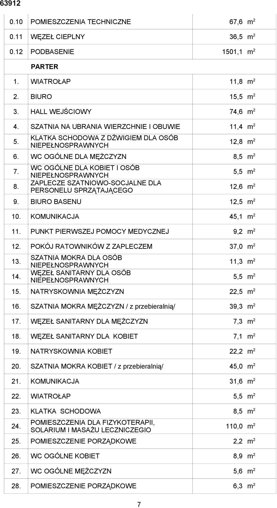 5 m 2 7. 8. WC OGÓLNE DLA KOBIET I OSÓB NIEPEŁNOSPRAWNYCH ZAPLECZE SZATNIOWO-SOCJALNE DLA PERSONELU SPRZĄTAJĄCEGO 5,5 m 2 12,6 m 2 9. BIURO BASENU 12,5 m 2 10. KOMUNIKACJA 45,1 m 2 11.