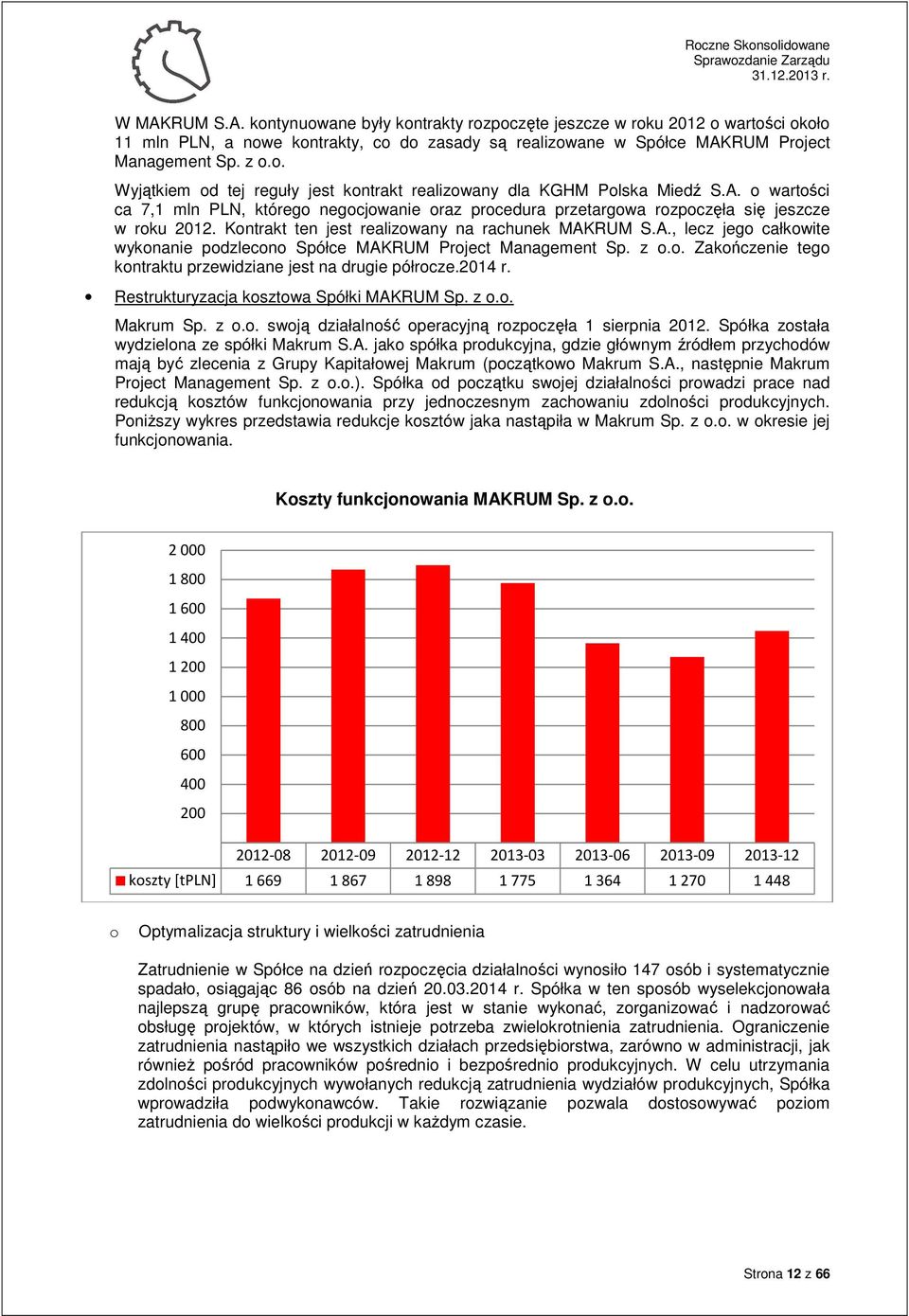 z o.o. Zakończenie tego kontraktu przewidziane jest na drugie półrocze.2014 r. Restrukturyzacja kosztowa Spółki MAKRUM Sp. z o.o. Makrum Sp. z o.o. swoją działalność operacyjną rozpoczęła 1 sierpnia 2012.