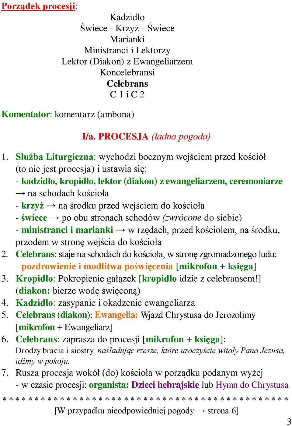 Służba Liturgiczna: wychodzi bocznym wejściem przed kościół (to nie jest procesja) i ustawia się: - kadzidło, kropidło, lektor (diakon) z ewangeliarzem, ceremoniarze na schodach kościoła - krzyż na