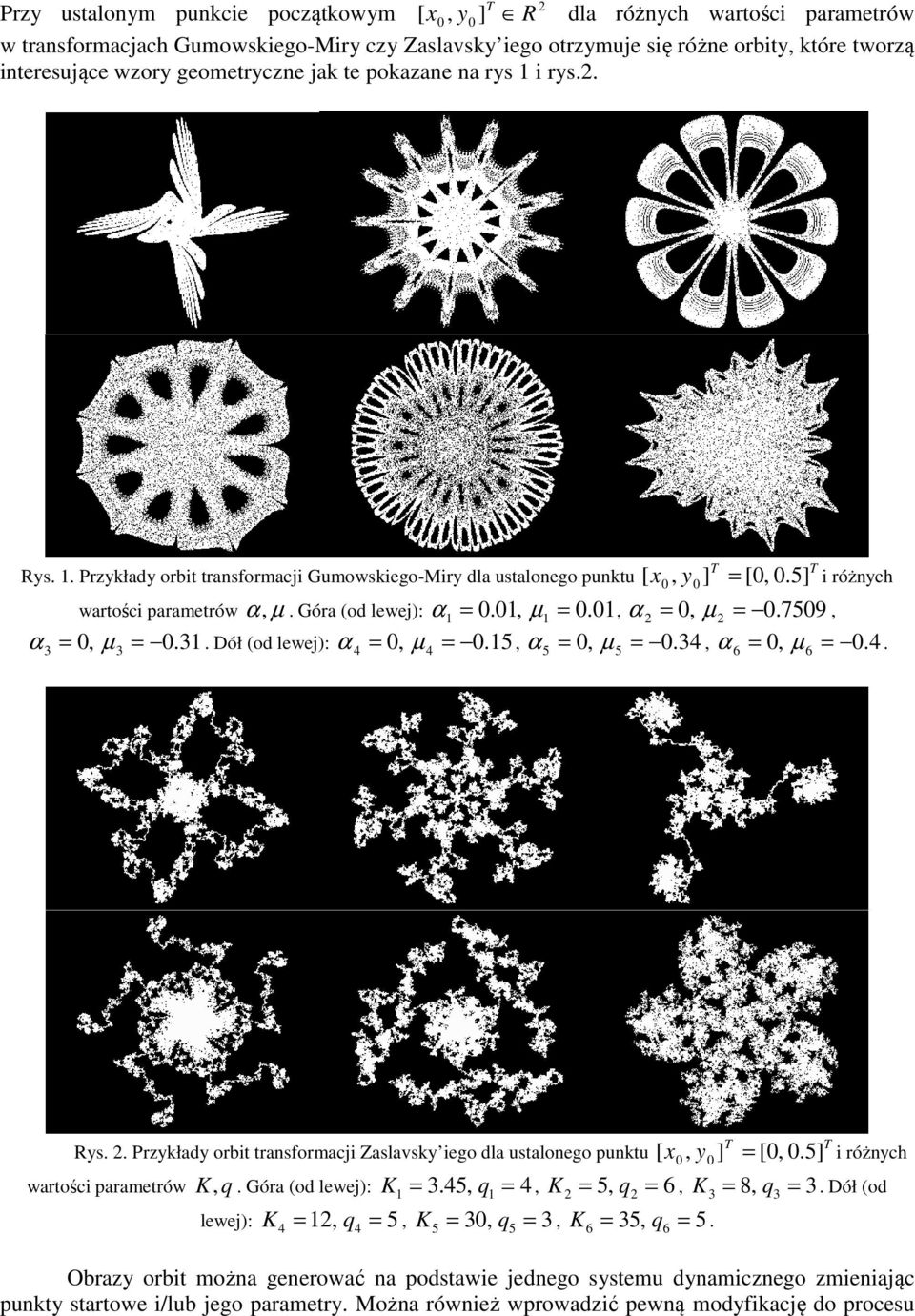 Góra (od lewej): α =, =.. Dół (od lewej): α 5, α,. α. Rys.. Przykłady orbit trasformacji Zaslavsky iego dla ustaloego puktu wartości parametrów T T [, y ] [,.5] = 5, q = K = 8, q = K 6 = 5, q 6 =.