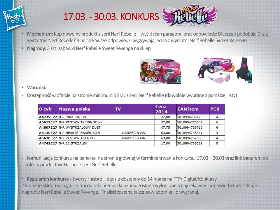 zabawki Nerf Rebelle Sweet Revenge na sklep - Dostępność w ofercie na stronie minimum 5 SKU z serii Nerf Rebelle (dowolnie wybrane z poniższej listy) - komunikacja konkursu na banerze na stronie