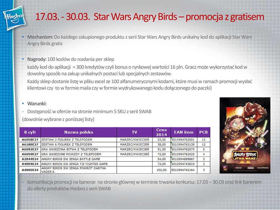 Star Wars Angry Birds promocja z gratisem Mechanizm: Do każdego zakupionego produktu z serii Star Wars Angry Birds unikalny kod do aplikacji Star Wars Angry Birds gratis Nagrody: 100 kodów do