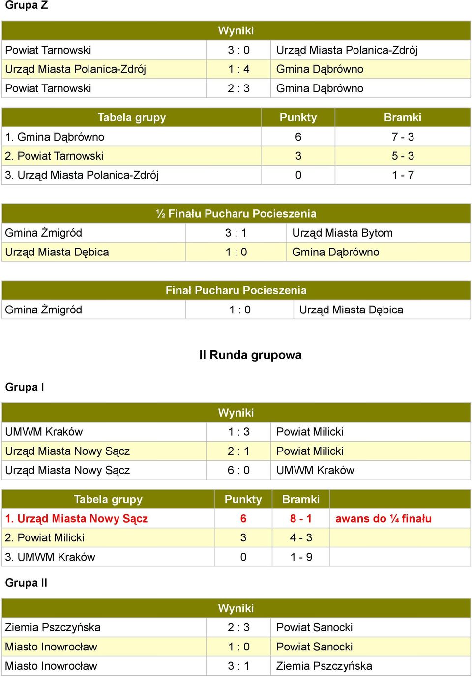 Urząd Miasta Polanica-Zdrój 0 1-7 ½ Finału Pucharu Pocieszenia Gmina Żmigród 3 : 1 Urząd Miasta Bytom Urząd Miasta Dębica 1 : 0 Gmina Dąbrówno Finał Pucharu Pocieszenia Gmina Żmigród 1 : 0