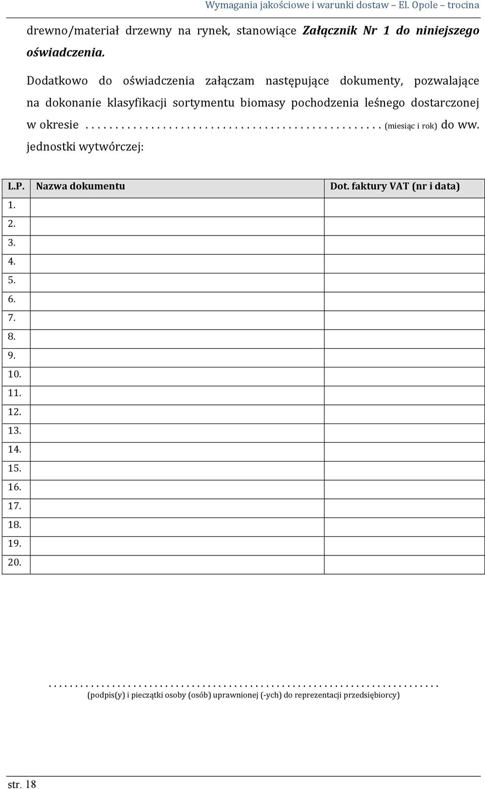 ................................................. (miesiąc i rok) do ww. jednostki wytwórczej: L.P. Nazwa dokumentu Dot. faktury VAT (nr i data) 1. 2. 3. 4. 5. 6. 7. 8. 9.