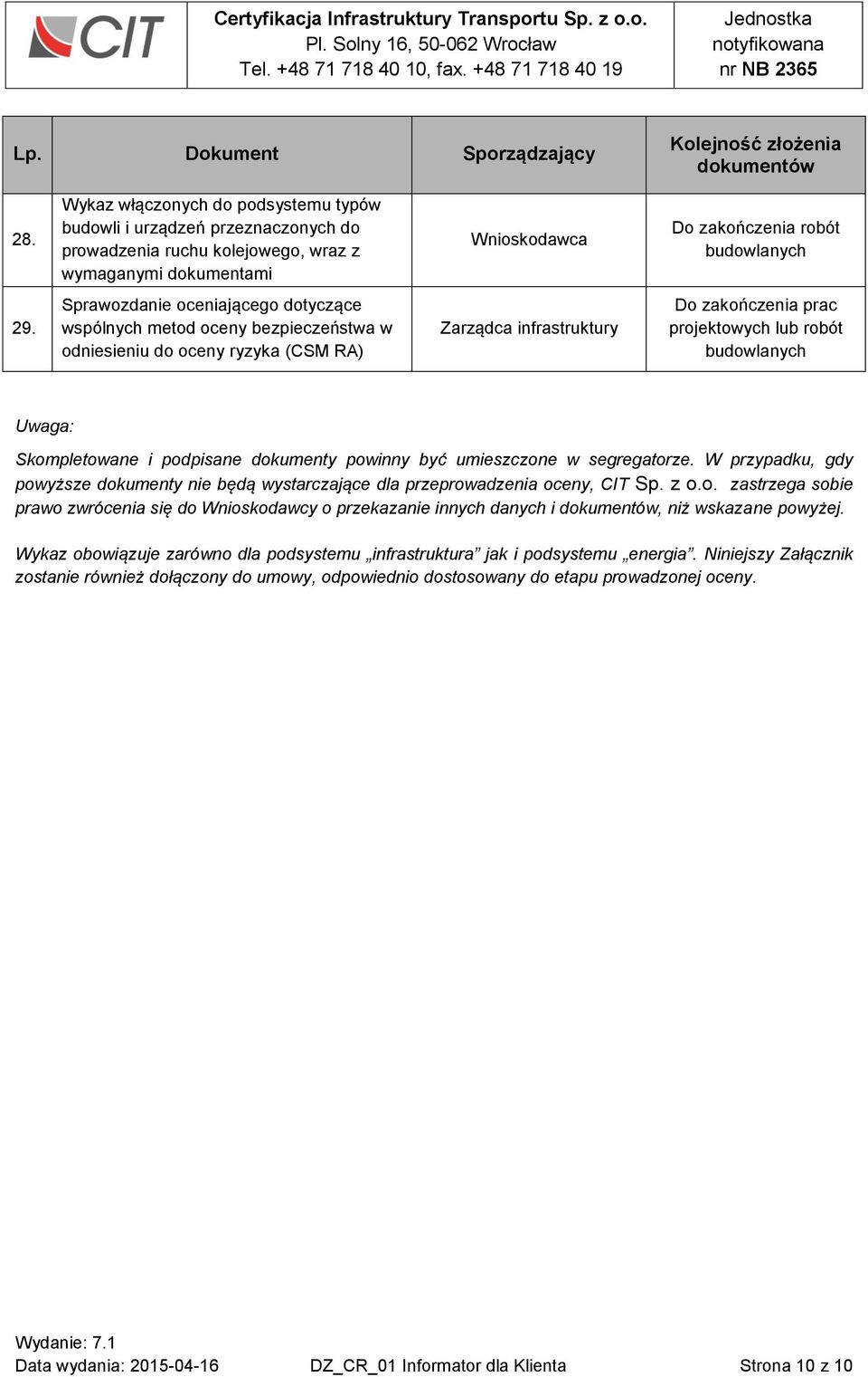 Sprawozdanie oceniającego dotyczące wspólnych metod oceny bezpieczeństwa w odniesieniu do oceny ryzyka (CSM RA) Zarządca infrastruktury Do zakończenia prac projektowych lub robót Uwaga: Skompletowane