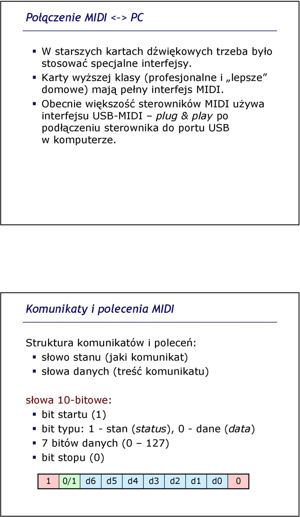 Obecnie większość sterowników MIDI uŝywa interfejsu USB-MIDI plug & play po podłączeniu sterownika do portu USB w komputerze.