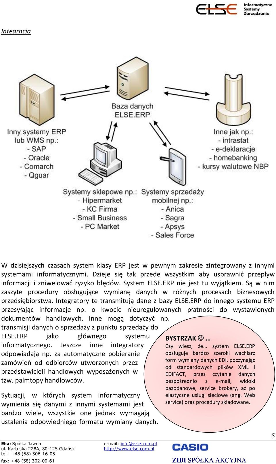 Są w nim zaszyte procedury obsługujące wymianę danych w różnych procesach biznesowych przedsiębiorstwa. Integratory te transmitują dane z bazy ELSE.ERP do innego systemu ERP przesyłając informacje np.