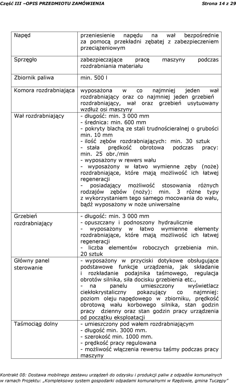 500 l Komora rozdrabniająca wyposażona w co najmniej jeden wał rozdrabniający oraz co najmniej jeden grzebień rozdrabniający, wał oraz grzebień usytuowany wzdłuż osi maszyny Wał rozdrabniający -