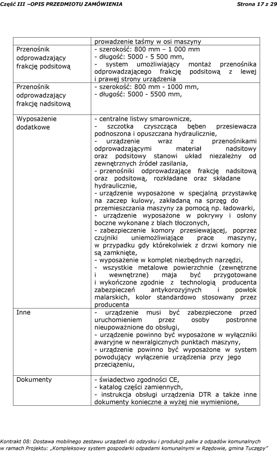 Wyposażenie dodatkowe - centralne listwy smarownicze, - szczotka czyszcząca bęben przesiewacza podnoszona i opuszczana hydraulicznie, - urządzenie wraz z przenośnikami odprowadzającymi materiał