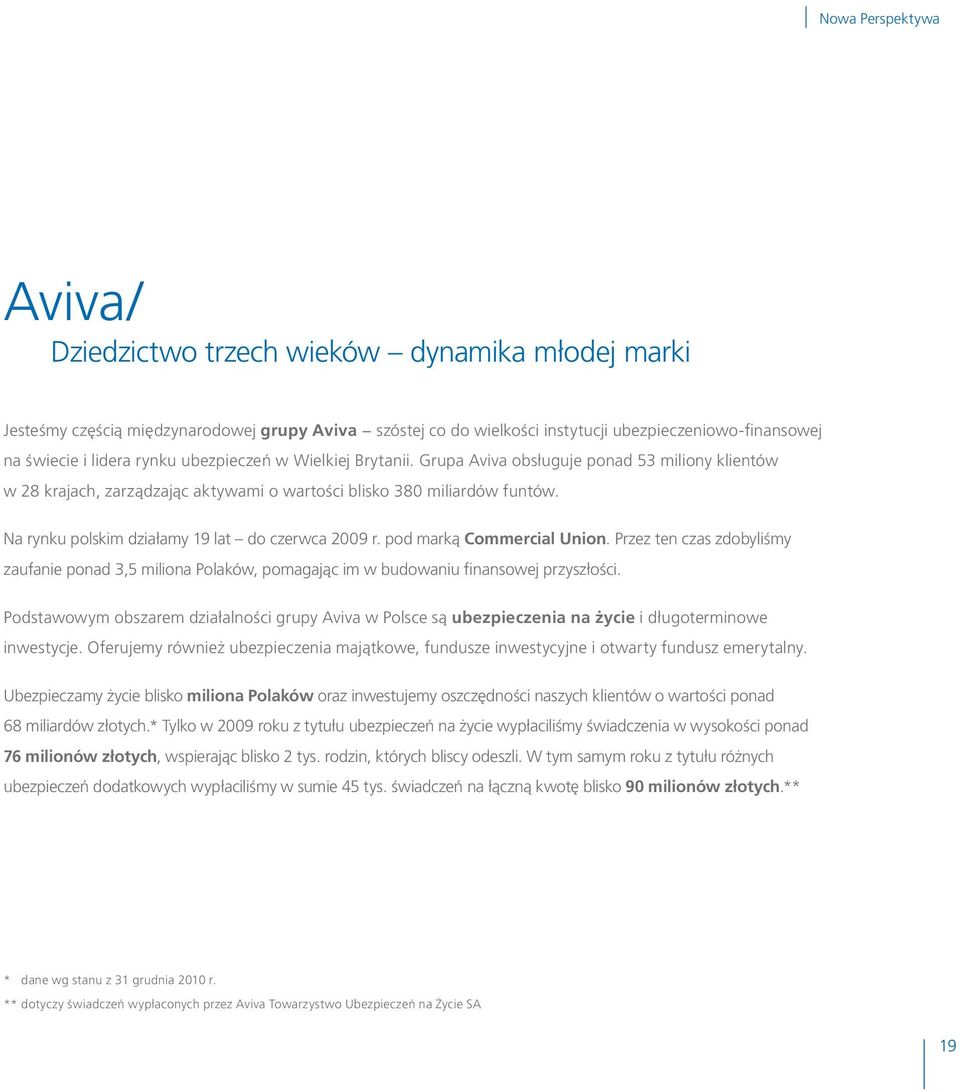 Na rynku polskim działamy 19 lat do czerwca 2009 r. pod marką Commercial Union. Przez ten czas zdobyliśmy zaufanie ponad 3,5 miliona Polaków, pomagając im w budowaniu finansowej przyszłości.