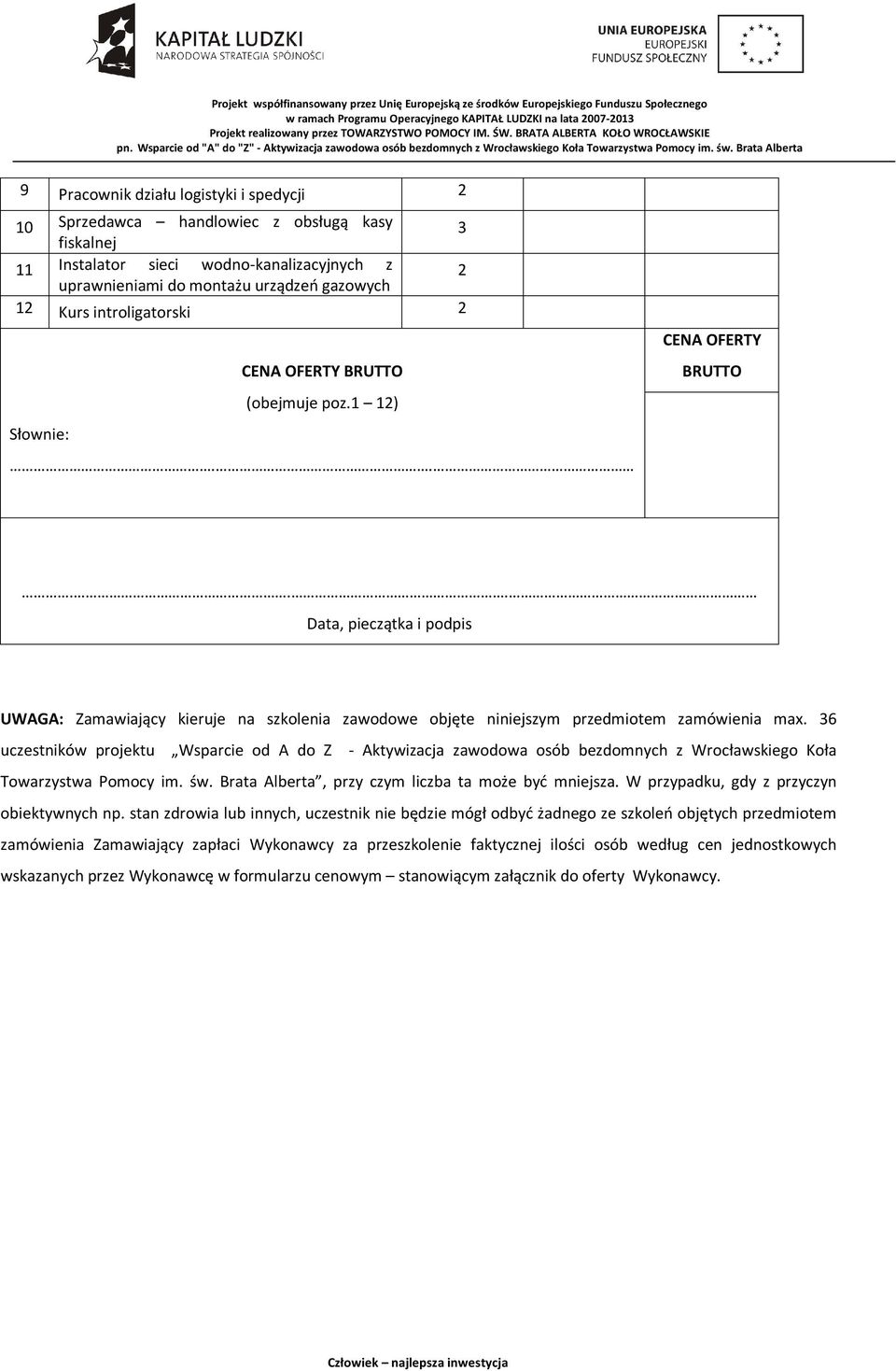 36 uczestników projektu Wsparcie od A do Z - Aktywizacja zawodowa osób bezdomnych z Wrocławskiego Koła Towarzystwa Pomocy im. św. Brata Alberta, przy czym liczba ta może być mniejsza.