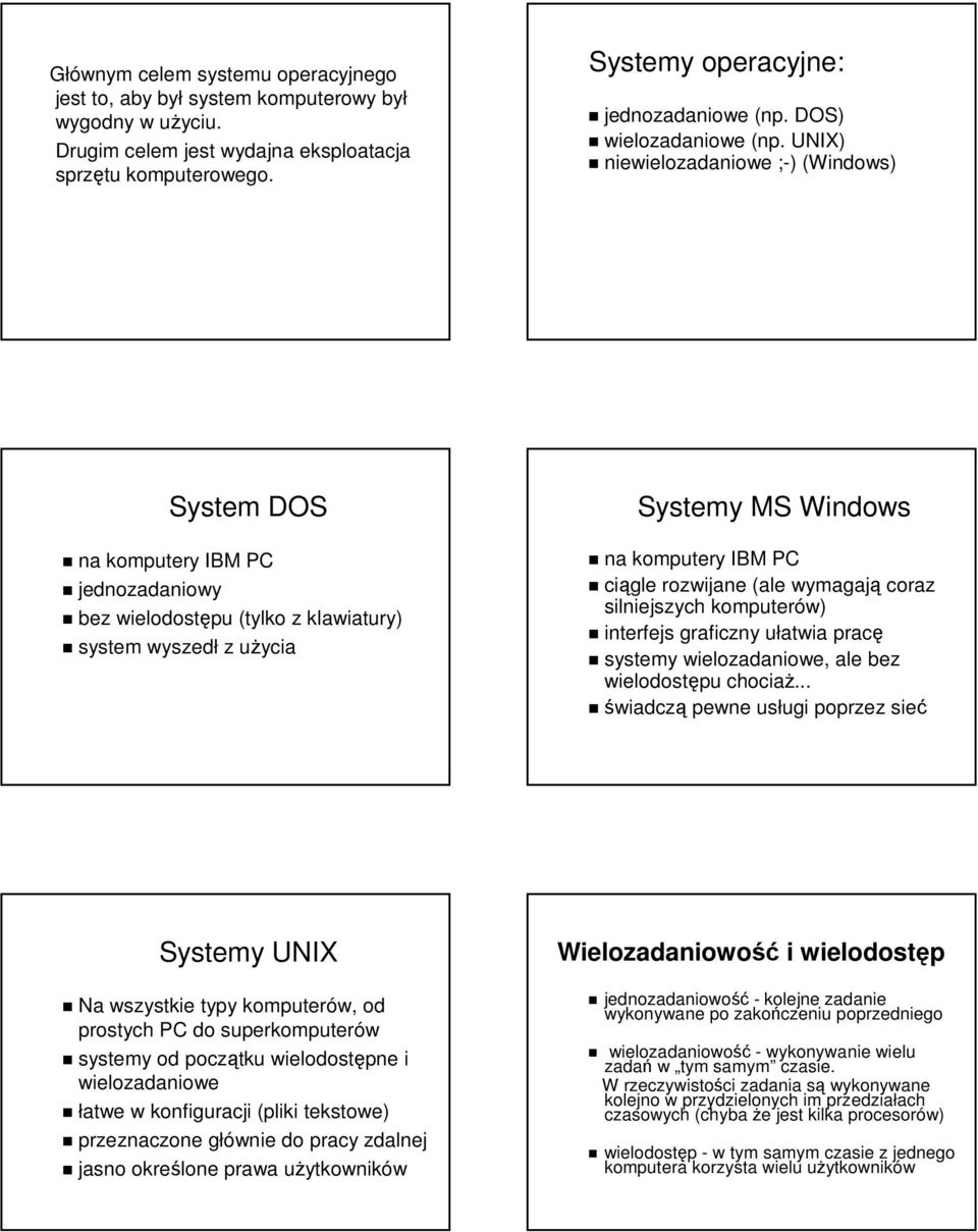 UNIX) niewielozadaniowe ;-) (Windows) System DOS na komputery IBM PC jednozadaniowy bez wielodostępu (tylko z klawiatury) system wyszedł z użycia Systemy MS Windows na komputery IBM PC ciągle