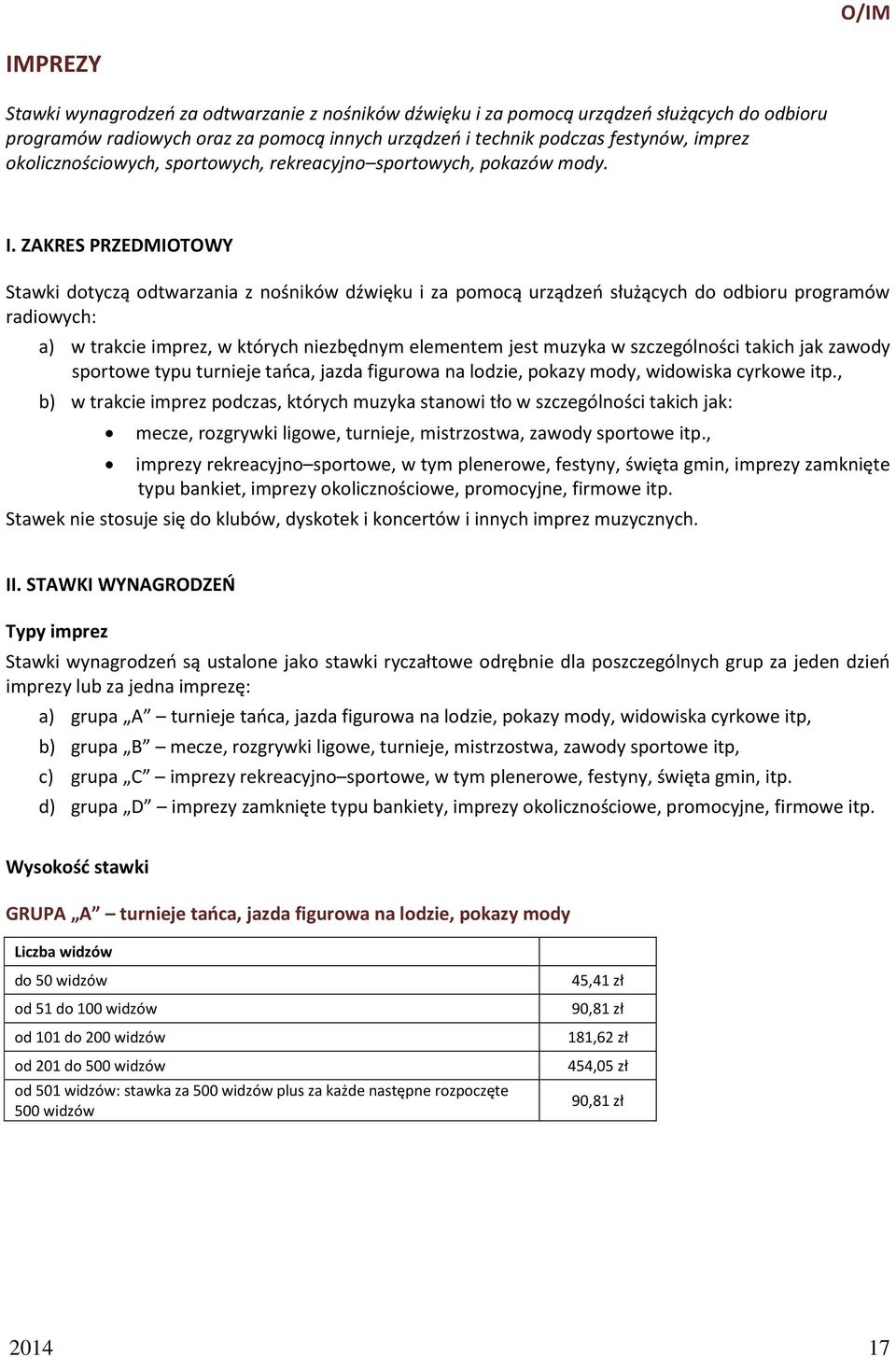 ZAKRES PRZEDMIOTOWY Stawki dotyczą odtwarzania z nośników dźwięku i za pomocą urządzeń służących do odbioru programów radiowych: a) w trakcie imprez, w których niezbędnym elementem jest muzyka w