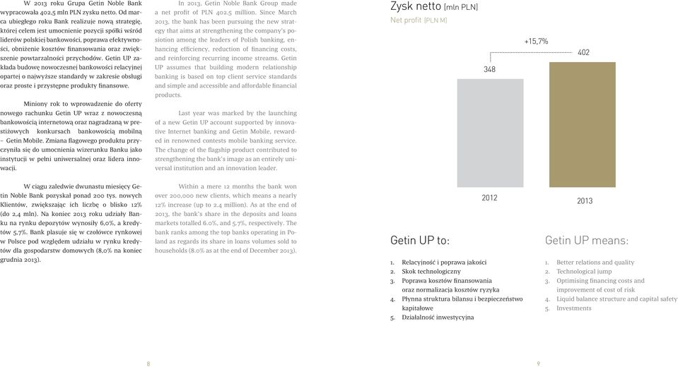 zwiększenie powtarzalności przychodów. Getin UP zakłada budowę nowoczesnej bankowości relacyjnej opartej o najwyższe standardy w zakresie obsługi oraz proste i przystępne produkty finansowe.