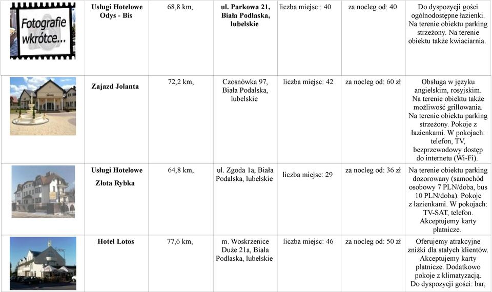 Woskrzenice Duże 21a, Biała Podlaska, liczba miejsc: 42 za nocleg od: 60 zł Obsługa w języku angielskim, rosyjskim. Na terenie obiektu także możliwość grillowania.