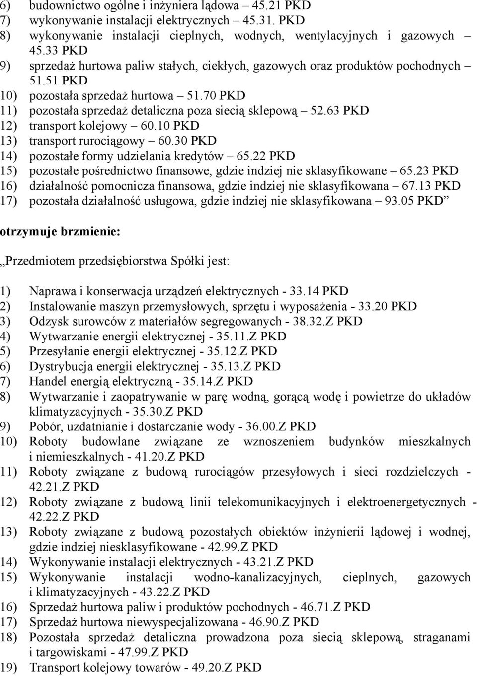 63 PKD 12) transport kolejowy 60.10 PKD 13) transport rurociągowy 60.30 PKD 14) pozostałe formy udzielania kredytów 65.22 PKD 15) pozostałe pośrednictwo finansowe, gdzie indziej nie sklasyfikowane 65.