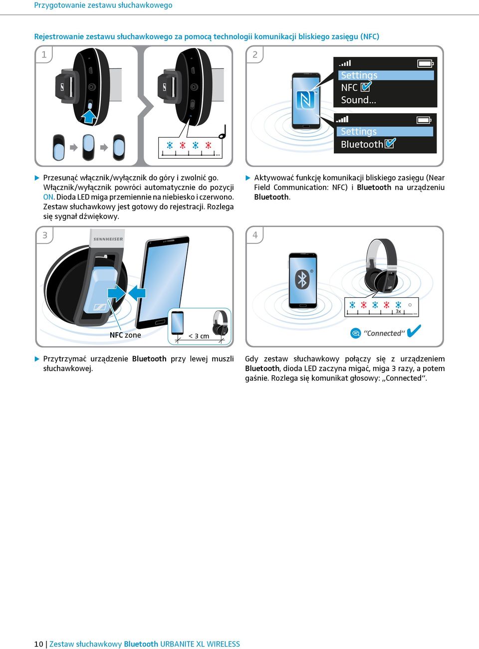 Zestaw słuchawkowy jest gotowy do rejestracji. Rozlega się sygnał dźwiękowy. 3 Aktywować funkcję komunikacji bliskiego zasięgu (Near Field Communication: NFC) i Bluetooth na urządzeniu Bluetooth.