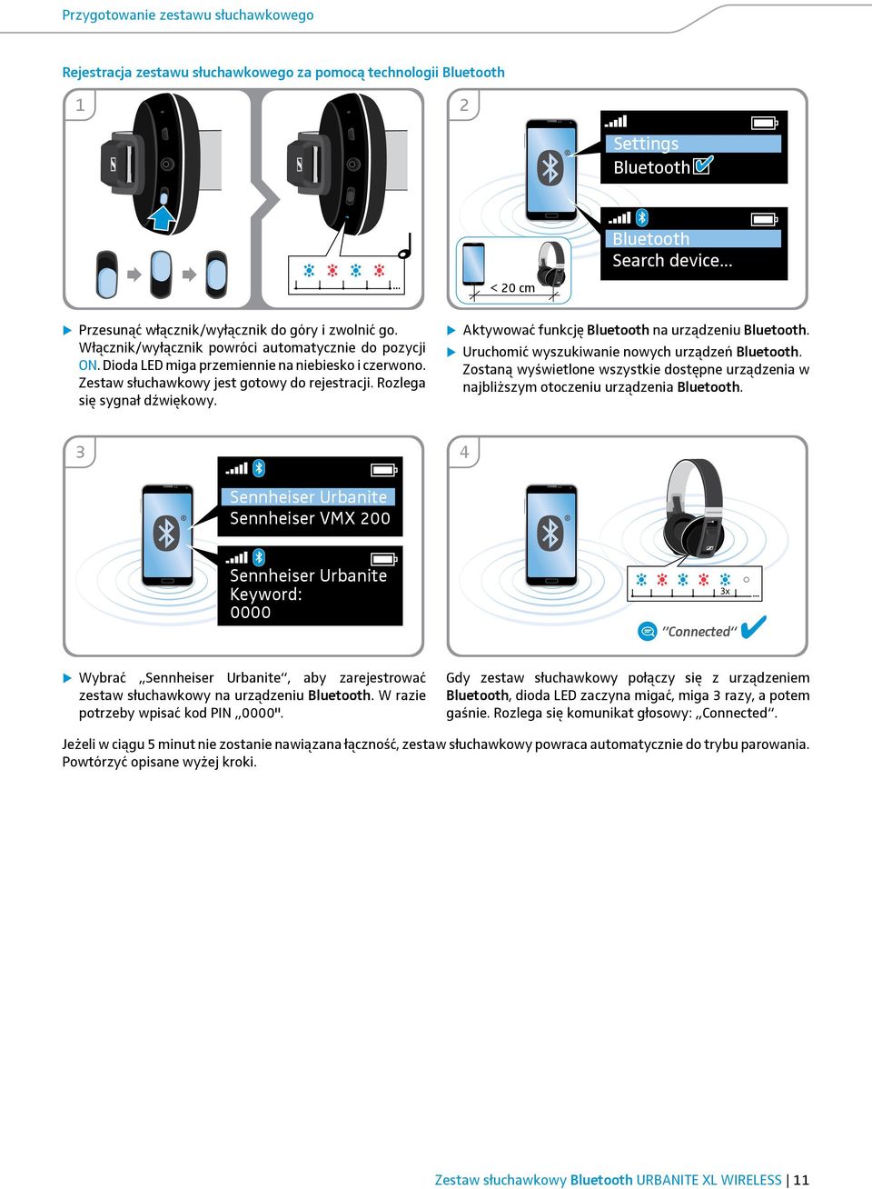 Zestaw słuchawkowy jest gotowy do rejestracji. Rozlega się sygnał dźwiękowy. Aktywować funkcję Bluetooth na urządzeniu Bluetooth. Uruchomić wyszukiwanie nowych urządzeń Bluetooth.