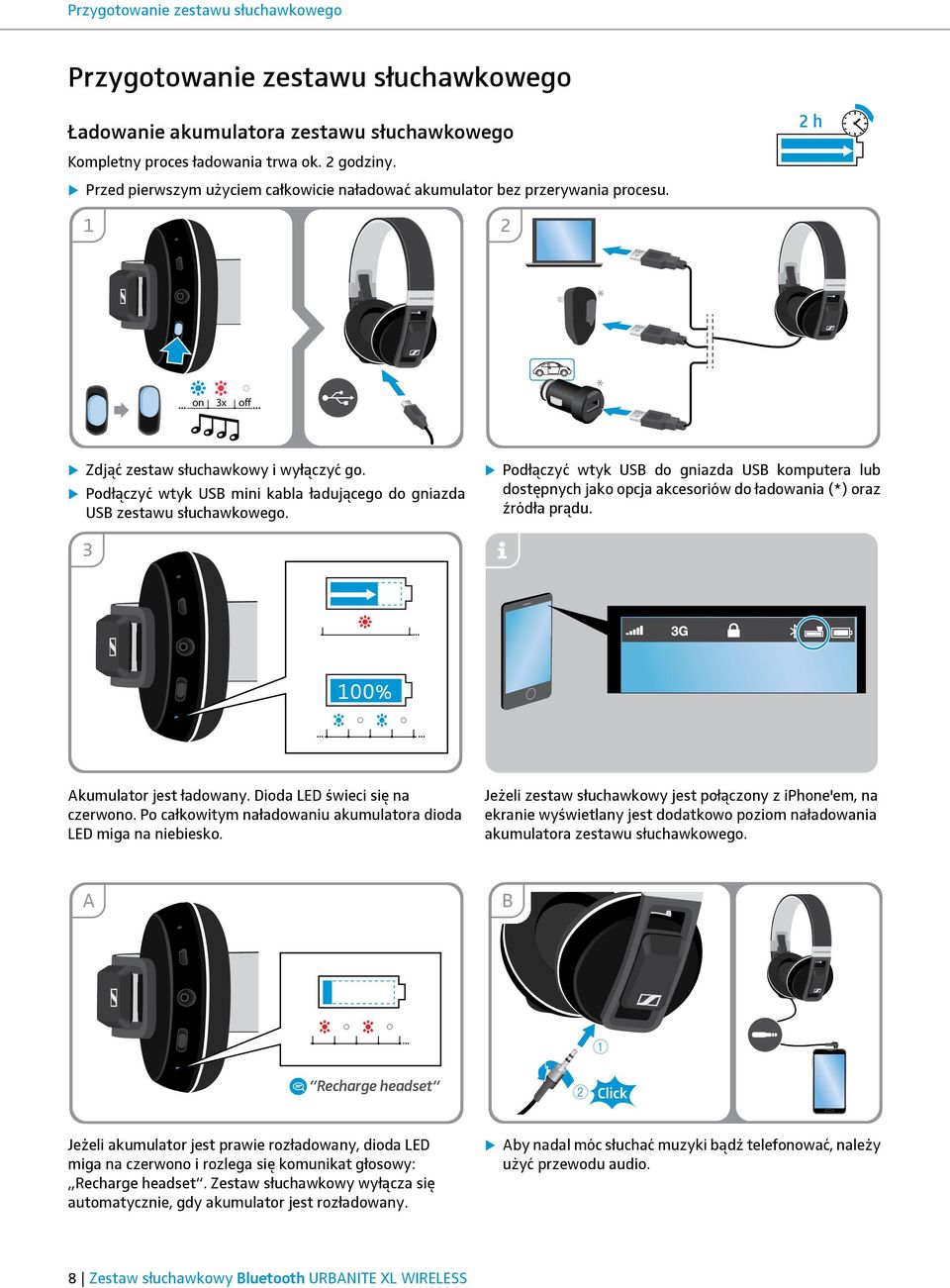 Podłączyć wtyk USB mini kabla ładującego do gniazda USB zestawu słuchawkowego. Podłączyć wtyk USB do gniazda USB komputera lub dostępnych jako opcja akcesoriów do ładowania (*) oraz źródła prądu.