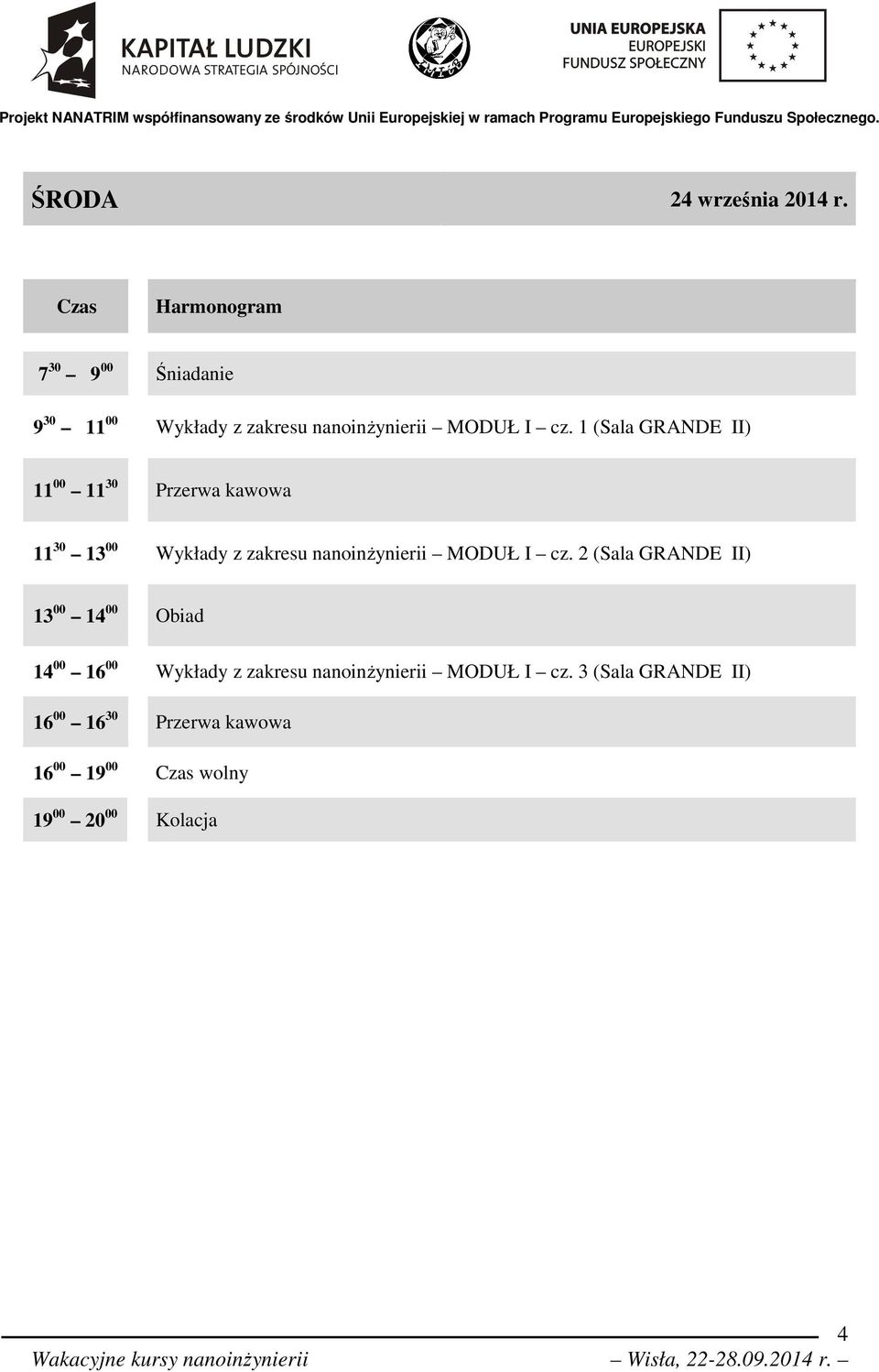 1 (Sala GRANDE II) 11 00 11 30 Przerwa kawowa 11 30 13 00 Wykłady z zakresu nanoinżynierii