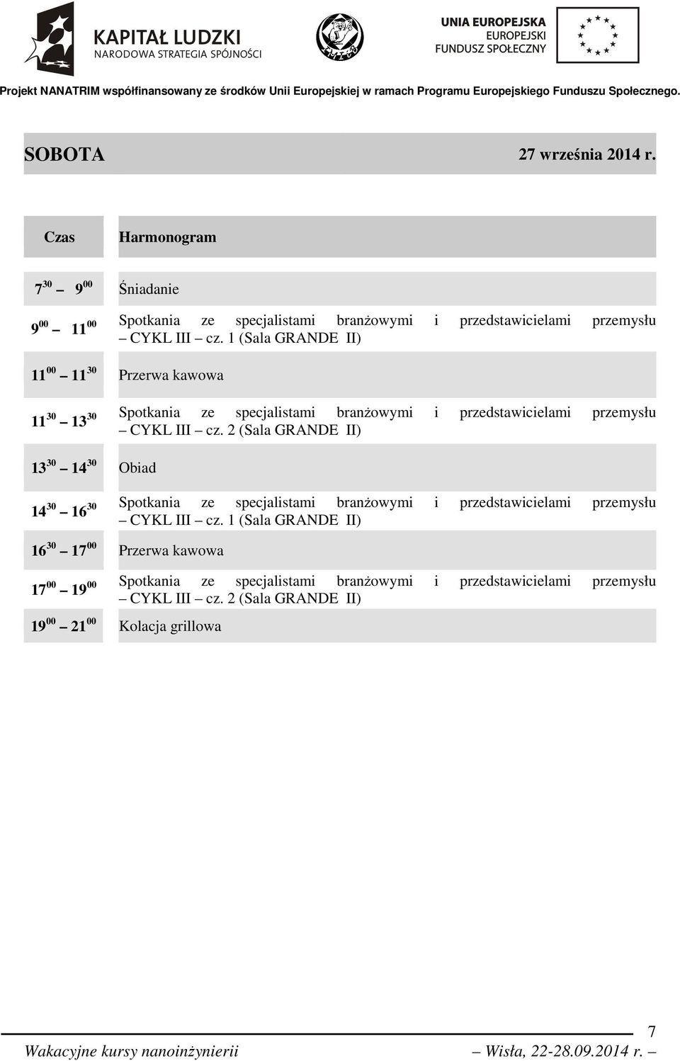 2 (Sala GRANDE II) 13 30 14 30 Obiad 14 30 30 Spotkania ze specjalistami branżowymi i przedstawicielami przemysłu 16 CYKL III cz.