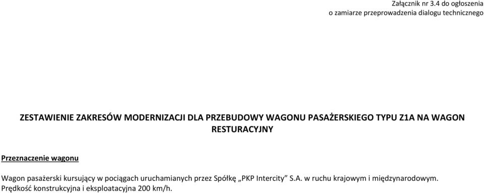 MODERNIZACJI DLA PRZEBUDOWY WAGONU PASAŻERSKIEGO TYPU Z1A NA WAGON RESTURACYJNY