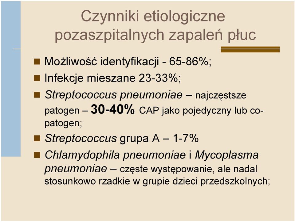 pojedyczny lub copatogen; Streptococcus grupa A 1-7% Chlamydophila pneumoniae i