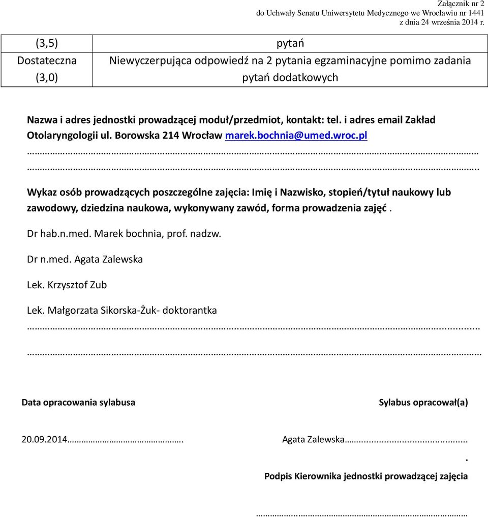 .. Wykaz osób prowadzących poszczególne zajęcia: Imię i Nazwisko, stopień/tytuł naukowy lub zawodowy, dziedzina naukowa, wykonywany zawód, forma prowadzenia zajęć. Dr hab.n.med.