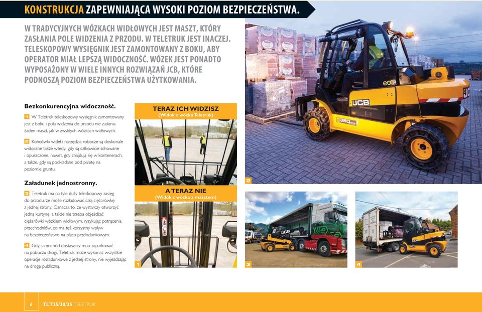 W Teletruk teleskopowy wysięgnik zamontowany jest z boku i pola widzenia do przodu nie zasłania żaden maszt, jak w zwykłych wózkach widłowych.