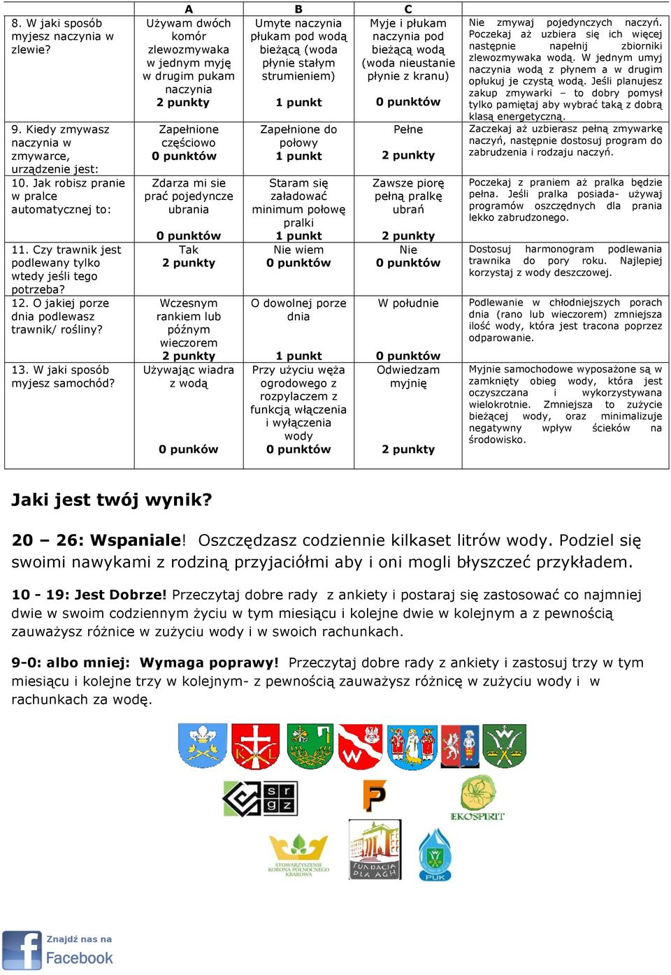 A B C Umyte naczynia płukam pod wodą bieżącą (woda płynie stałym strumieniem) Używam dwóch komór zlewozmywaka w jednym myję w drugim pukam naczynia Zapełnione częściowo Zdarza mi sie prać pojedyncze