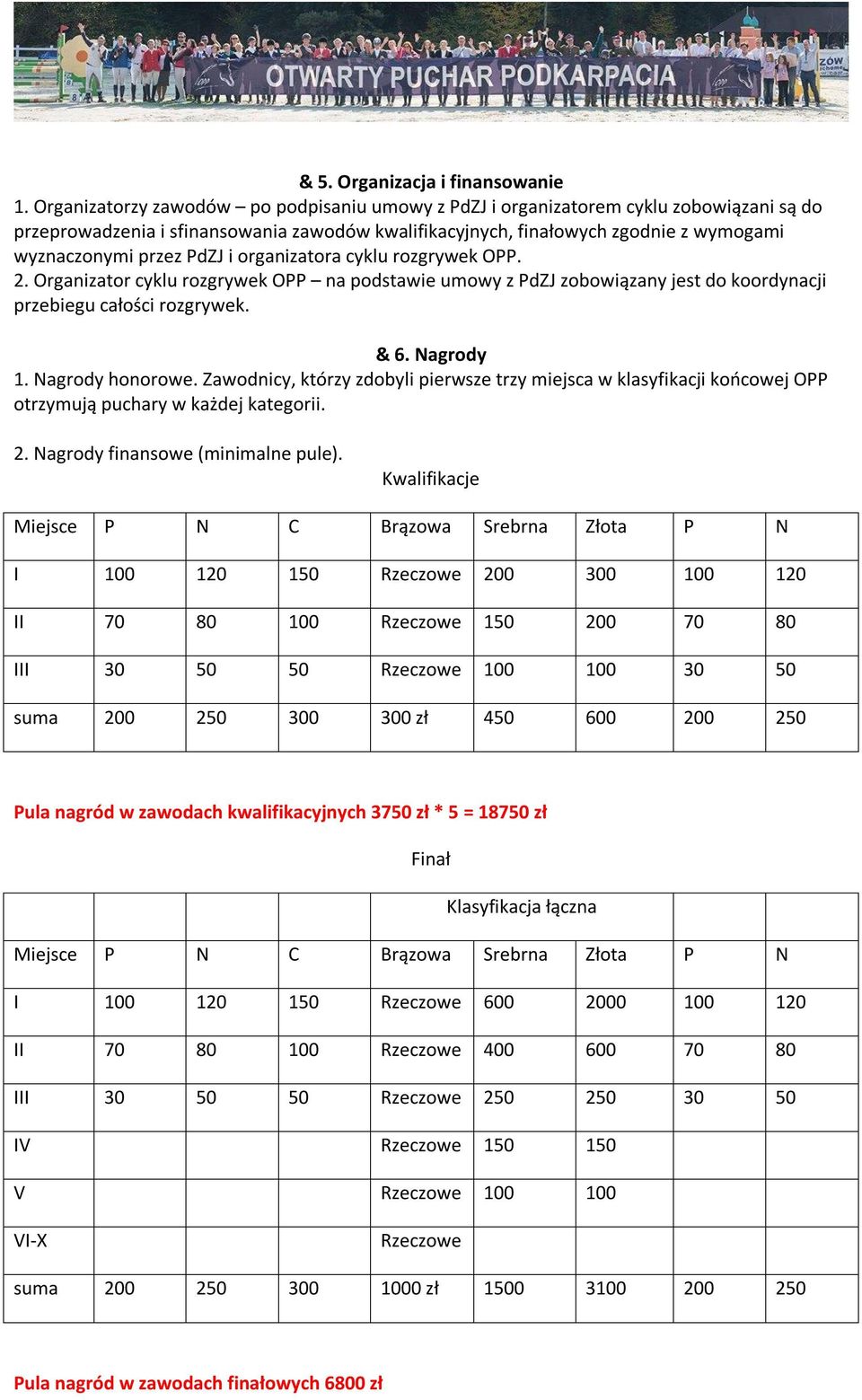 PdZJ i organizatora cyklu rozgrywek OPP. 2. Organizator cyklu rozgrywek OPP na podstawie umowy z PdZJ zobowiązany jest do koordynacji przebiegu całości rozgrywek. & 6. Nagrody 1. Nagrody honorowe.